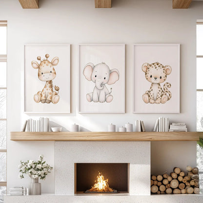 The three white-framed prints above the mantel show a gray elephant with pink inner ears between a beige giraffe and a spotted leopard cub.
