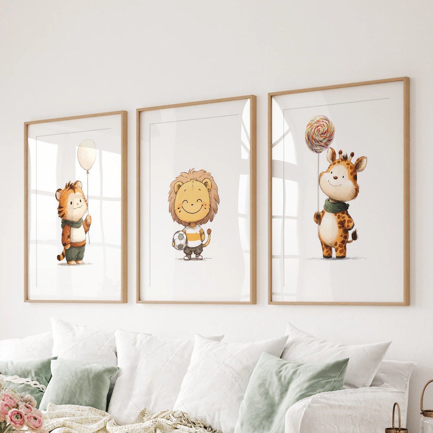 Three baby-animal prints with matted solid-oak frames create an inviting wall art trio above the sectional sofa, warming the family-room decor.