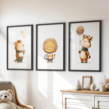 Safari animal cubs trio, set of three posters, creates cheerful wall art above the dresser in a kids room, shown in sleek black frames.