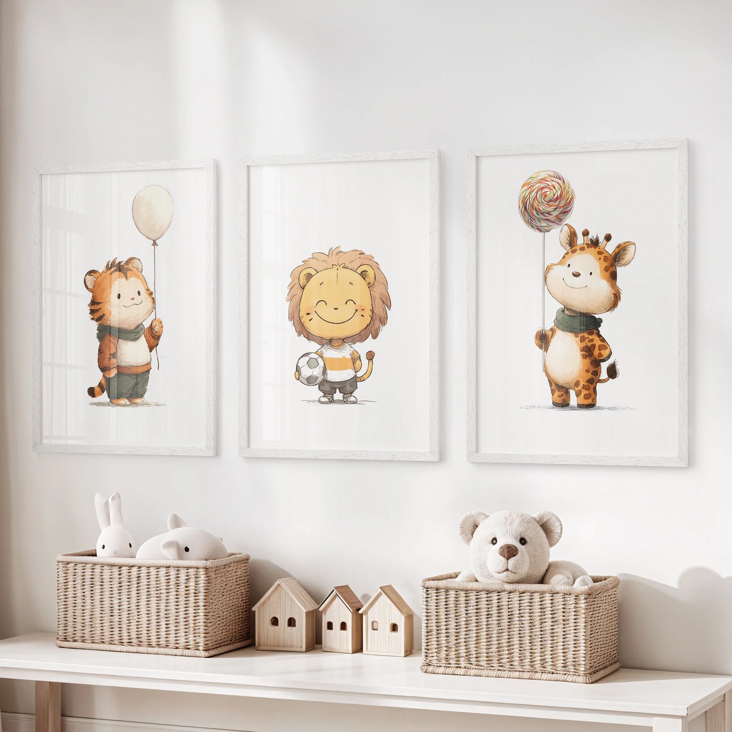 Baby tiger, lion, and giraffe wall art in a white-framed three-piece set lends soft charm to a children’s room with its bright, playful style.