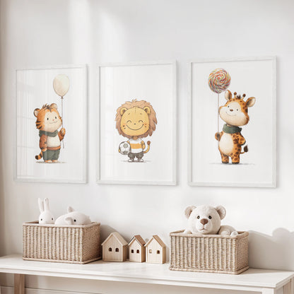Baby tiger, lion, and giraffe wall art in a white-framed three-piece set lends soft charm to a children’s room with its bright, playful style.
