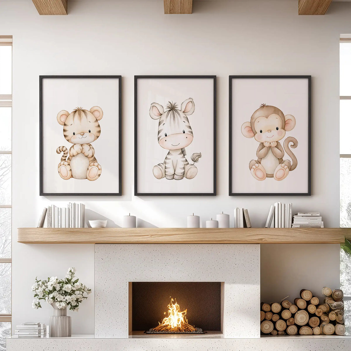 A tiger cub, zebra and monkey fill three black-framed prints above a fireplace.