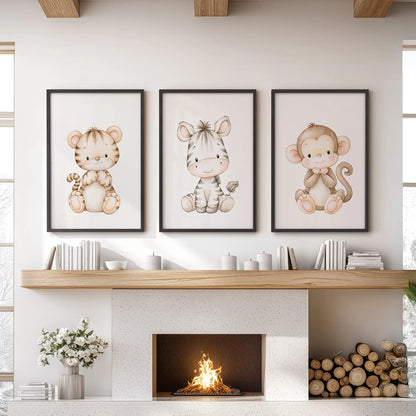 A tiger cub, zebra and monkey fill three black-framed prints above a fireplace.