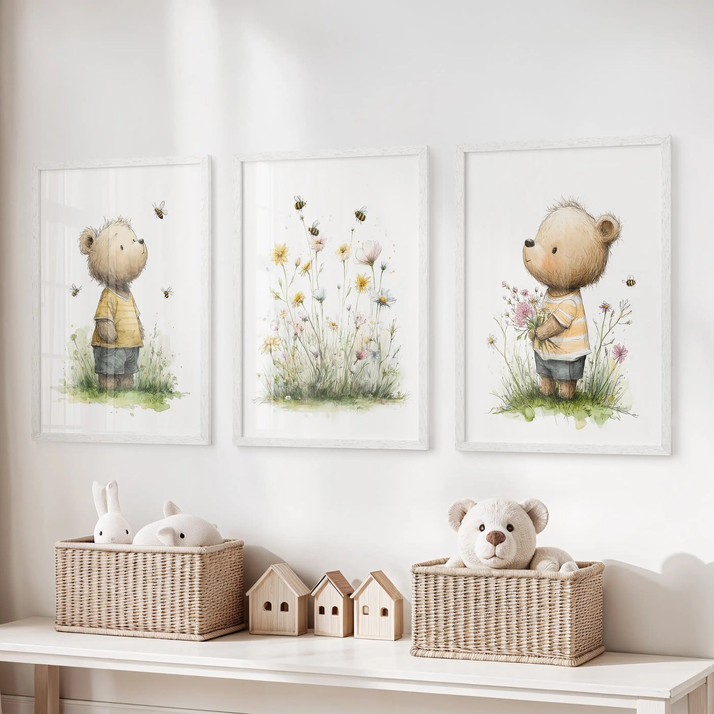 Teddy bear wall art, three-piece set, comes in crisp white frames for a playful look in the playroom, ideal for hanging above a storage bench.