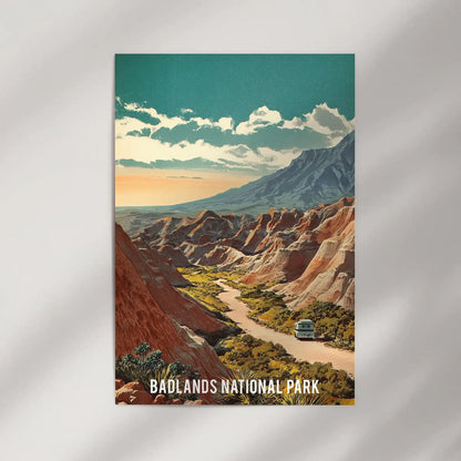 A single landscape wall print of Badlands National Park sits against a plain wall, supplied as a poster only for easy framing or casual pin display.