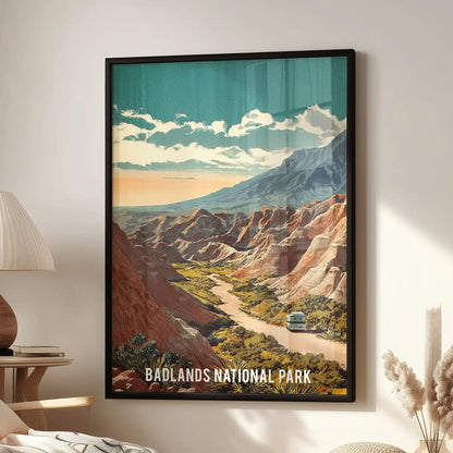Adventure road through the Badlands standalone art print hangs above a cozy chair in the sitting room, finished with a sleek black frame.