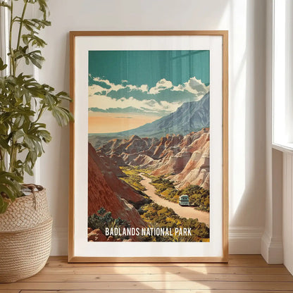 South Dakota pinnacles appear in this single poster, a black-framed and matted print resting casually against the bedroom wall.