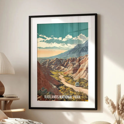 This bold wall decor of South Dakota rock pinnacles stands as a statement piece above the family room lounge chair, framed in black with crisp matting.