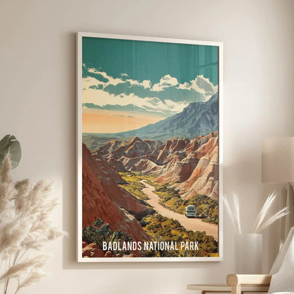 Framed in white, this standalone retro travel poster of the Badlands brings vintage warmth to the living room above a relaxed lounge chair.