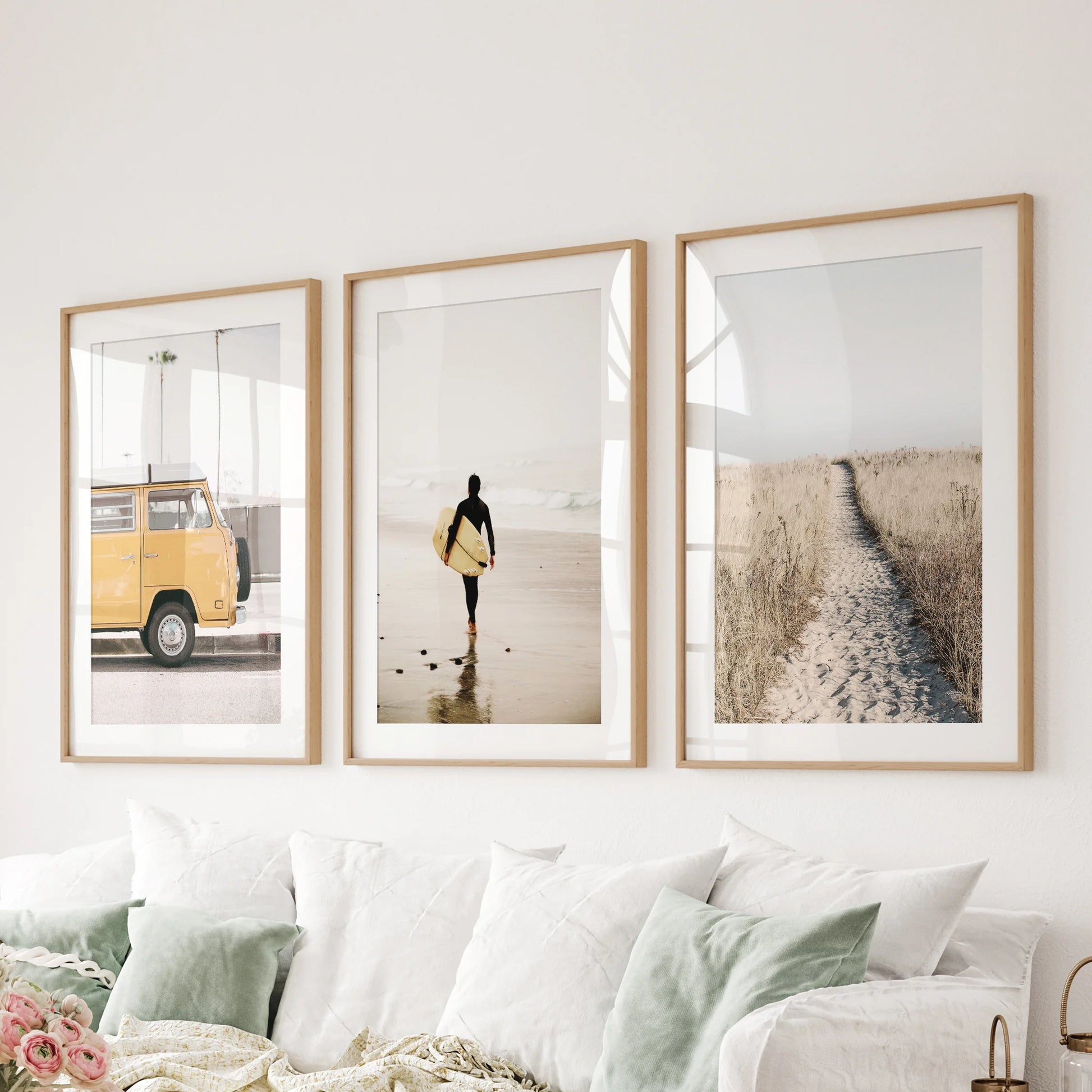 Ocean shoreline vistas 3-piece art wall set suits the living room above the couch, with natural wood frames and mats for a refined, breezy finish.