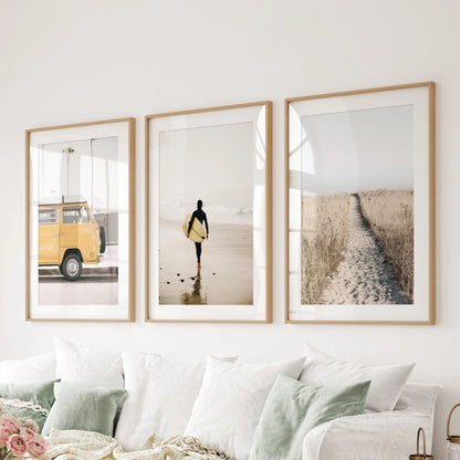 Ocean shoreline vistas 3-piece art wall set suits the living room above the couch, with natural wood frames and mats for a refined, breezy finish.