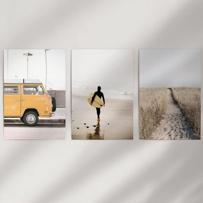 Ocean shoreline vistas gallery wall of 3 prints fills a blank wall space; unframed art prints keep the look minimal and easy to mix with decor.