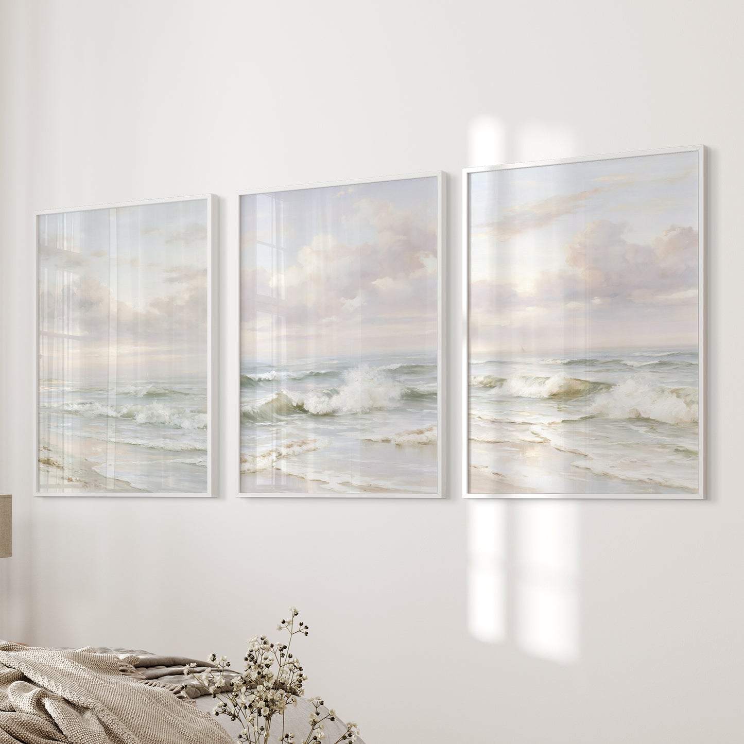 Beach Seascape 3 Piece Wall Art. Soft Waves, Cloudy Sky Prints
