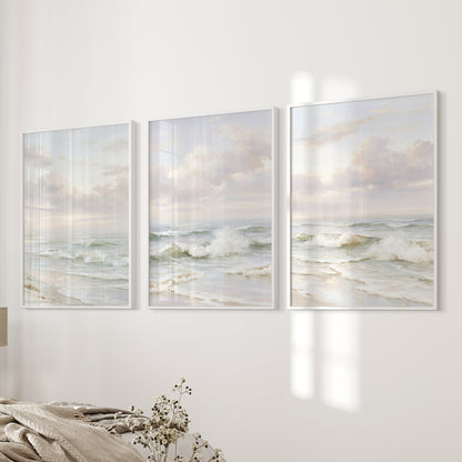 Beach Seascape 3 Piece Wall Art. Soft Waves, Cloudy Sky Prints