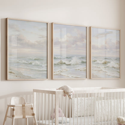 Beach Seascape 3 Piece Wall Art. Soft Waves, Cloudy Sky Prints