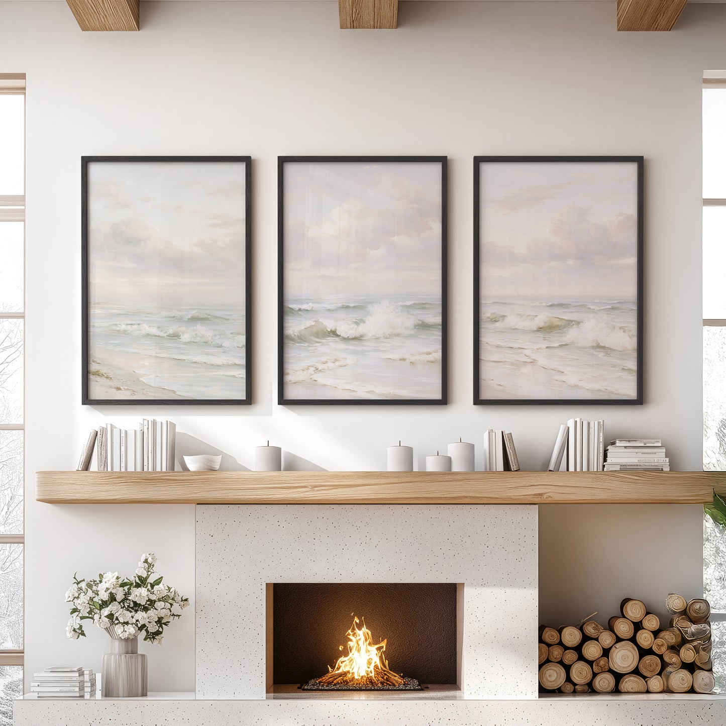 Beach Seascape 3 Piece Wall Art. Soft Waves, Cloudy Sky Prints