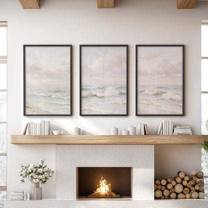 Beach Seascape 3 Piece Wall Art. Soft Waves, Cloudy Sky Prints