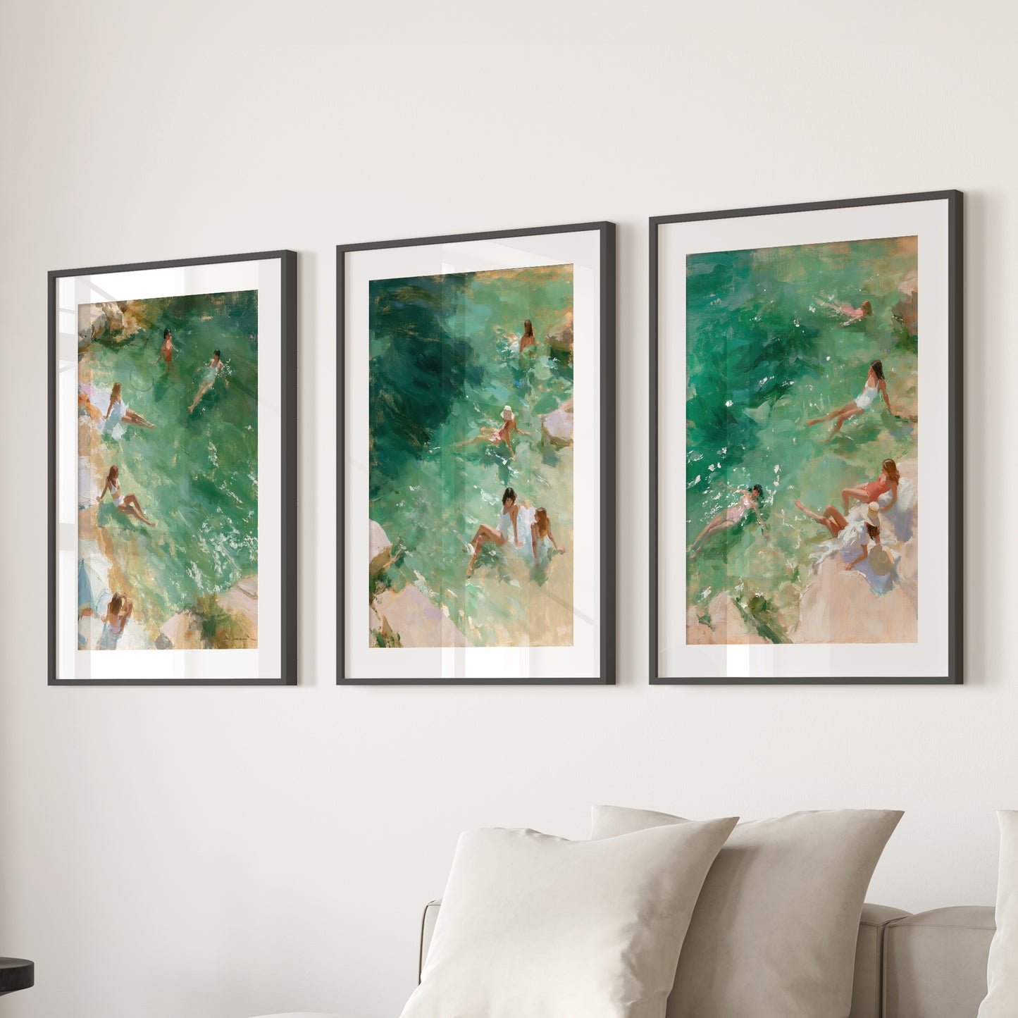 Mediterranean Beach Set of 3 Prints. Ocean Swimmer Wall Art