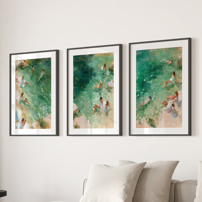 Mediterranean Beach Set of 3 Prints. Ocean Swimmer Wall Art