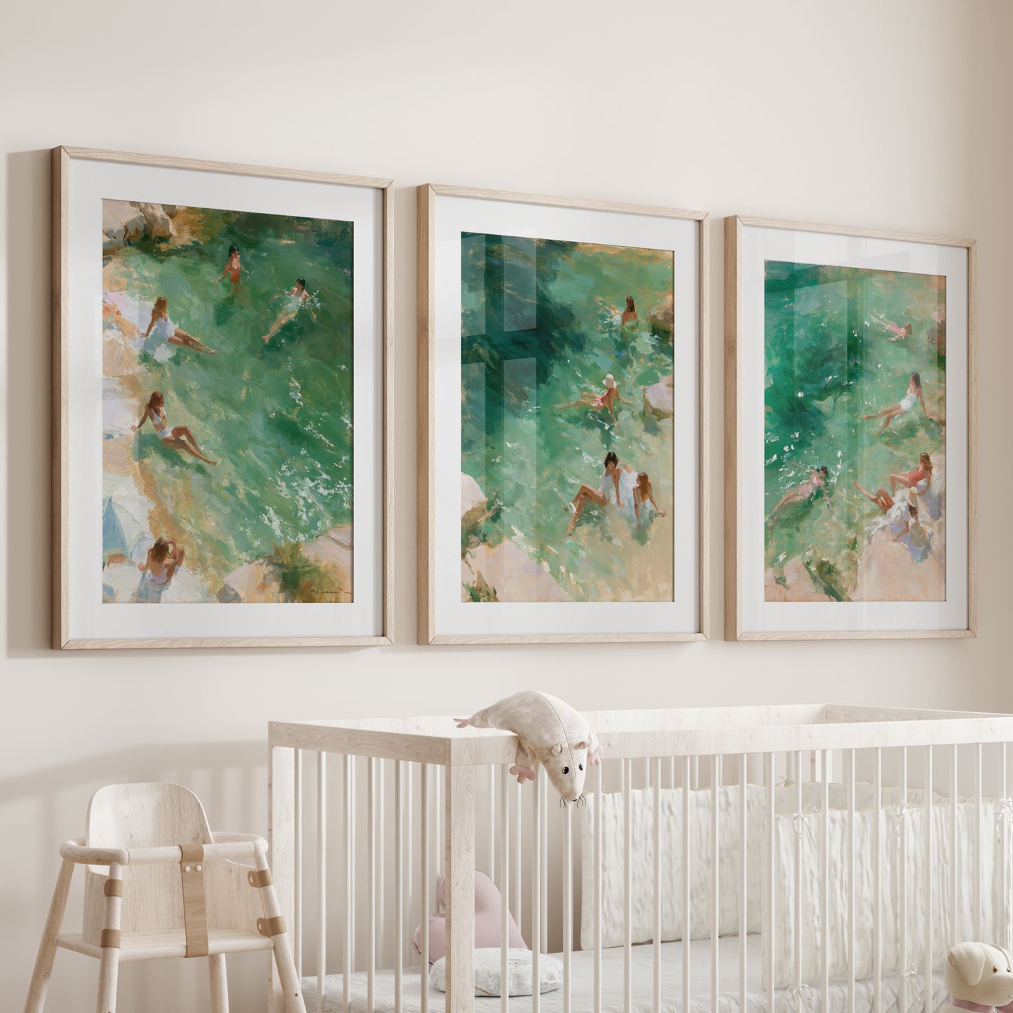 Mediterranean Beach Set of 3 Prints. Ocean Swimmer Wall Art