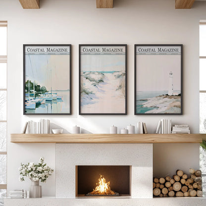 Coastal scenery gallery wall set of 3 in black frames, displayed in a family room over the fireplace mantel and depicting a sailboat, dunes and lighthouse.