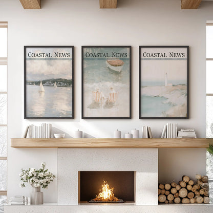 Three-piece coastal wall art set in black frames, depicting sailboat, beach, and lighthouse scenes above a living room hearth.