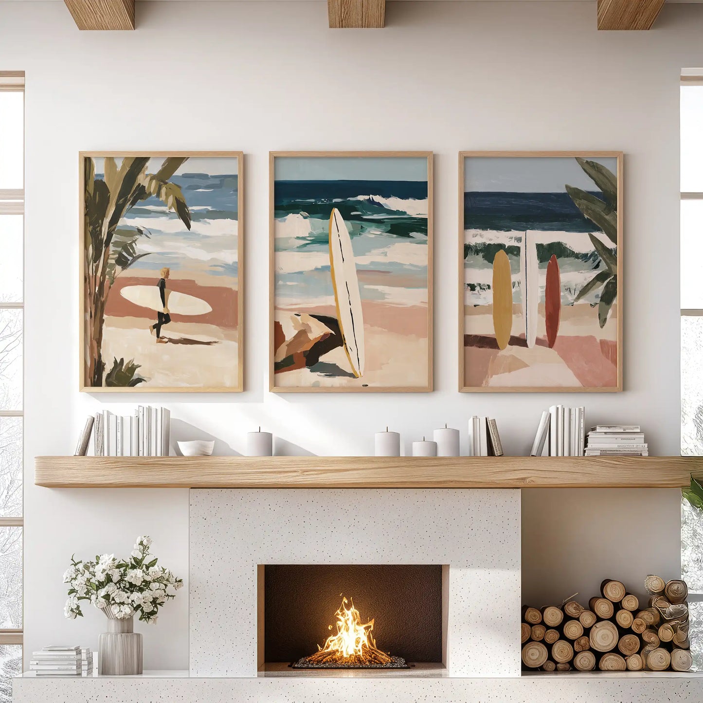 An ocean-wave wall art trio in oak wood frames settles over the living-room hearth, layering soft shoreline hues and horizon calm.
