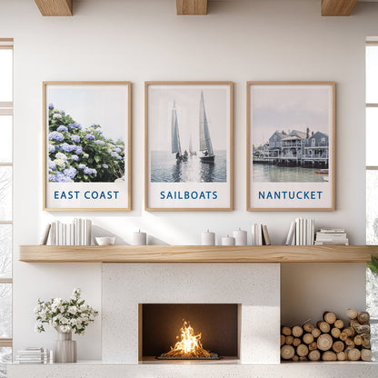 Nantucket Art Set of 3. Blue Hydrangeas, Classic Sailboats Prints