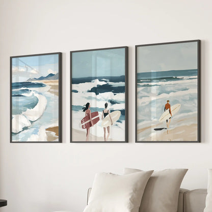 A beach coastline three-print wall art set in slim black frames completes the lounge wall above the sofa with a polished coastal note.