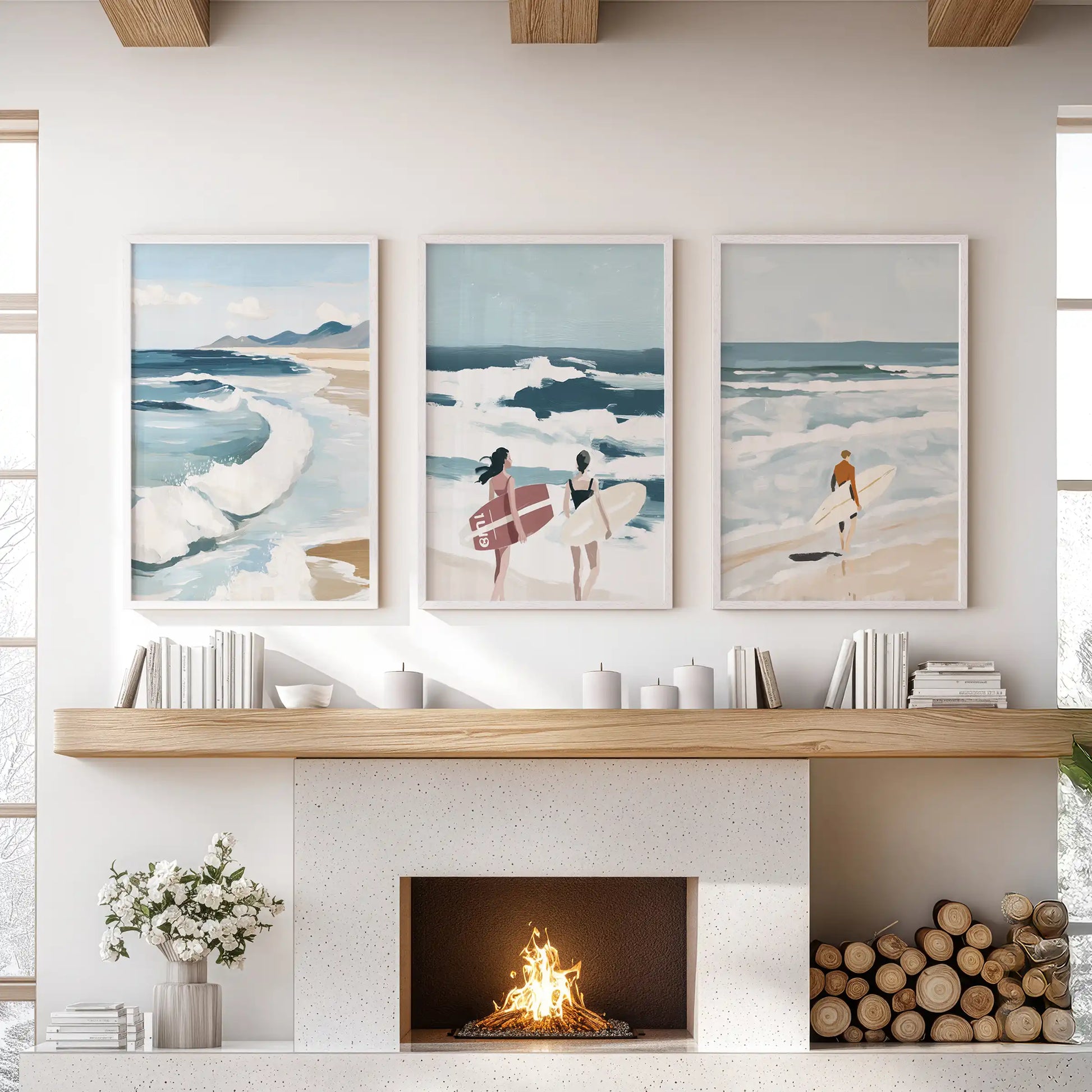 Seaside seascape three-print wall art in white frames, arranged over the mantel to refresh and brighten a comfy sitting room.
