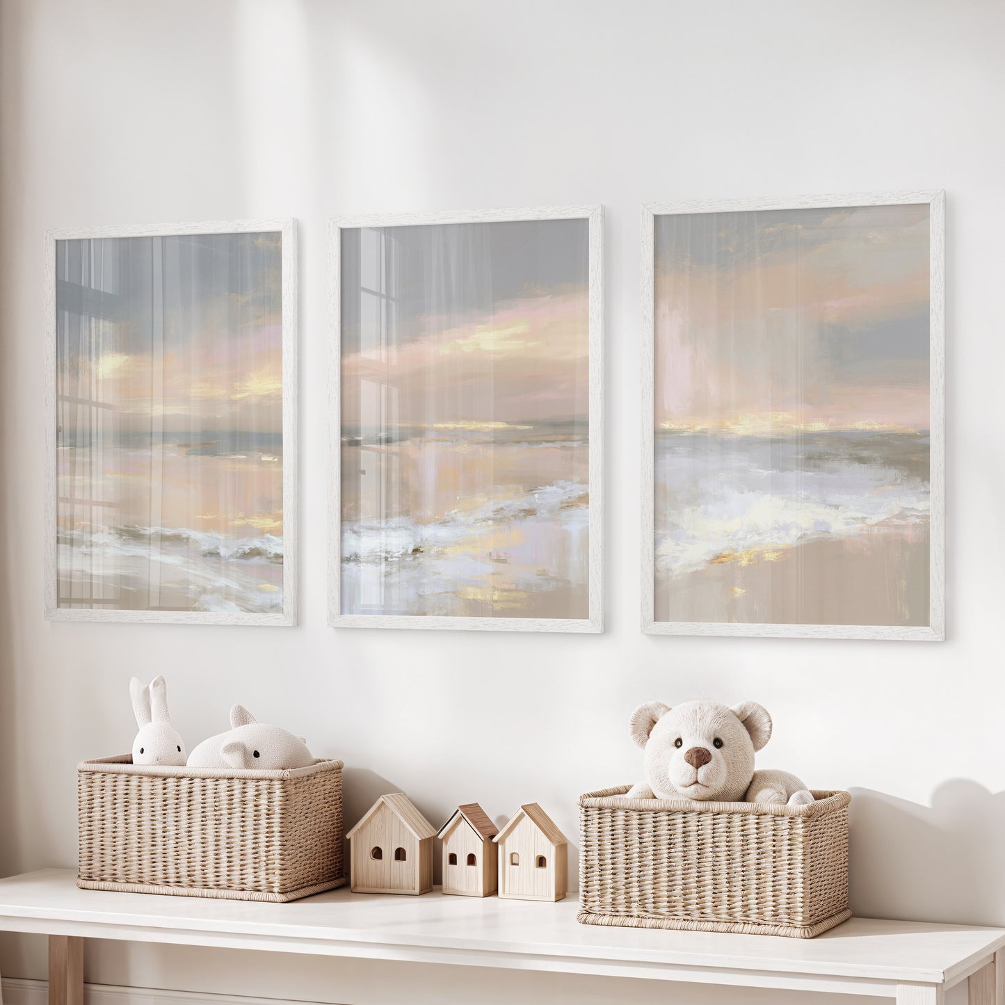 Abstract Coastal Set of 3 Prints. Neutral Seascape Painting