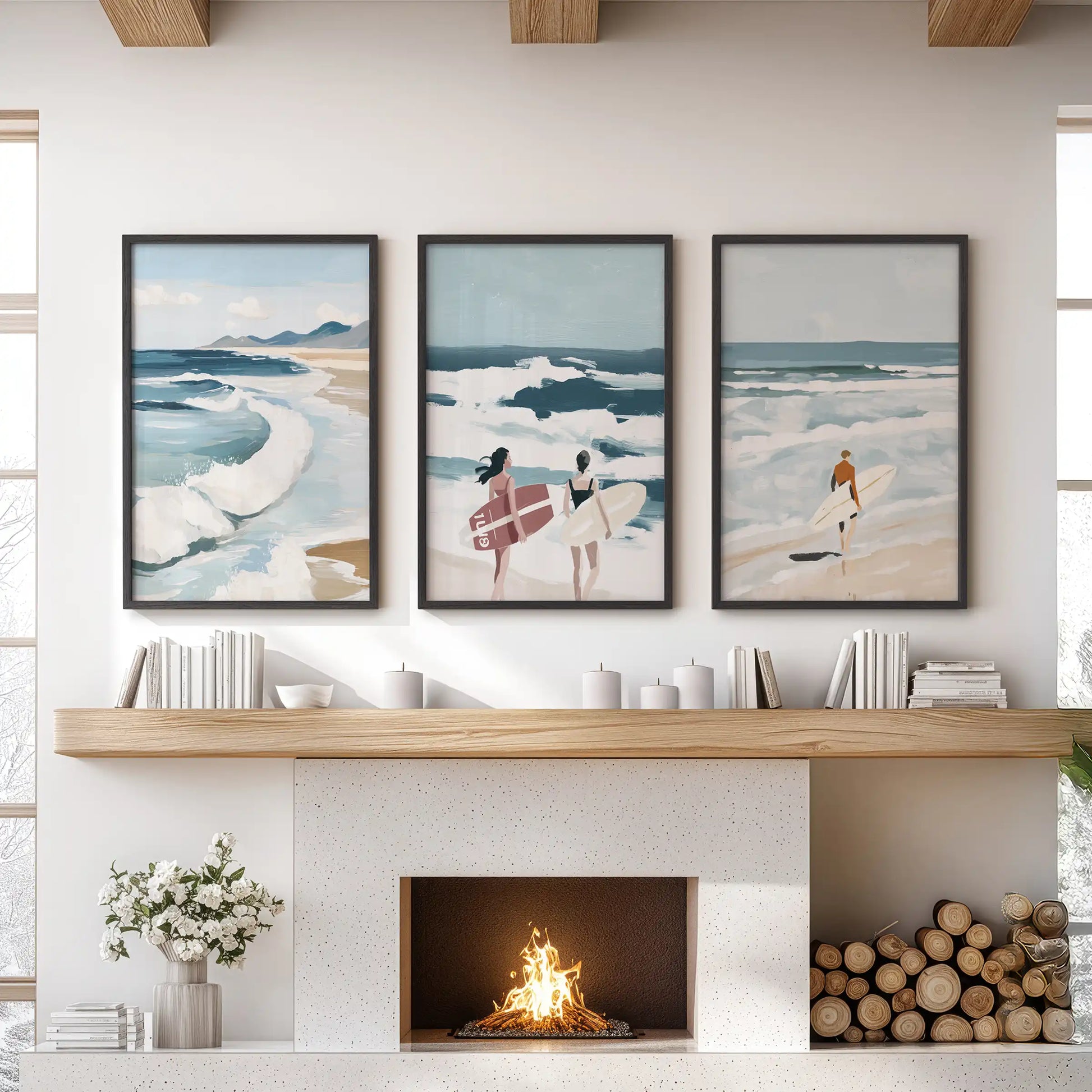 Ocean waves wall art set of three in black frames, styled for a lounge and shown over the mantel to bring cool, coastal calm.