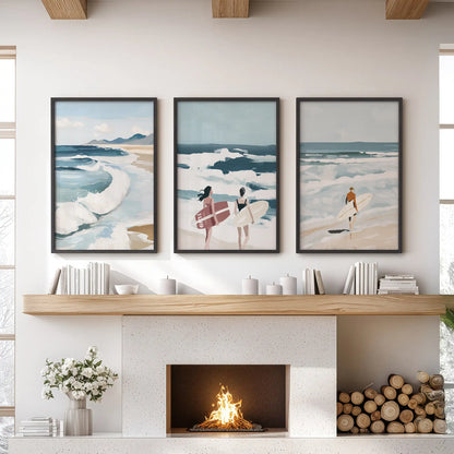 Ocean waves wall art set of three in black frames, styled for a lounge and shown over the mantel to bring cool, coastal calm.