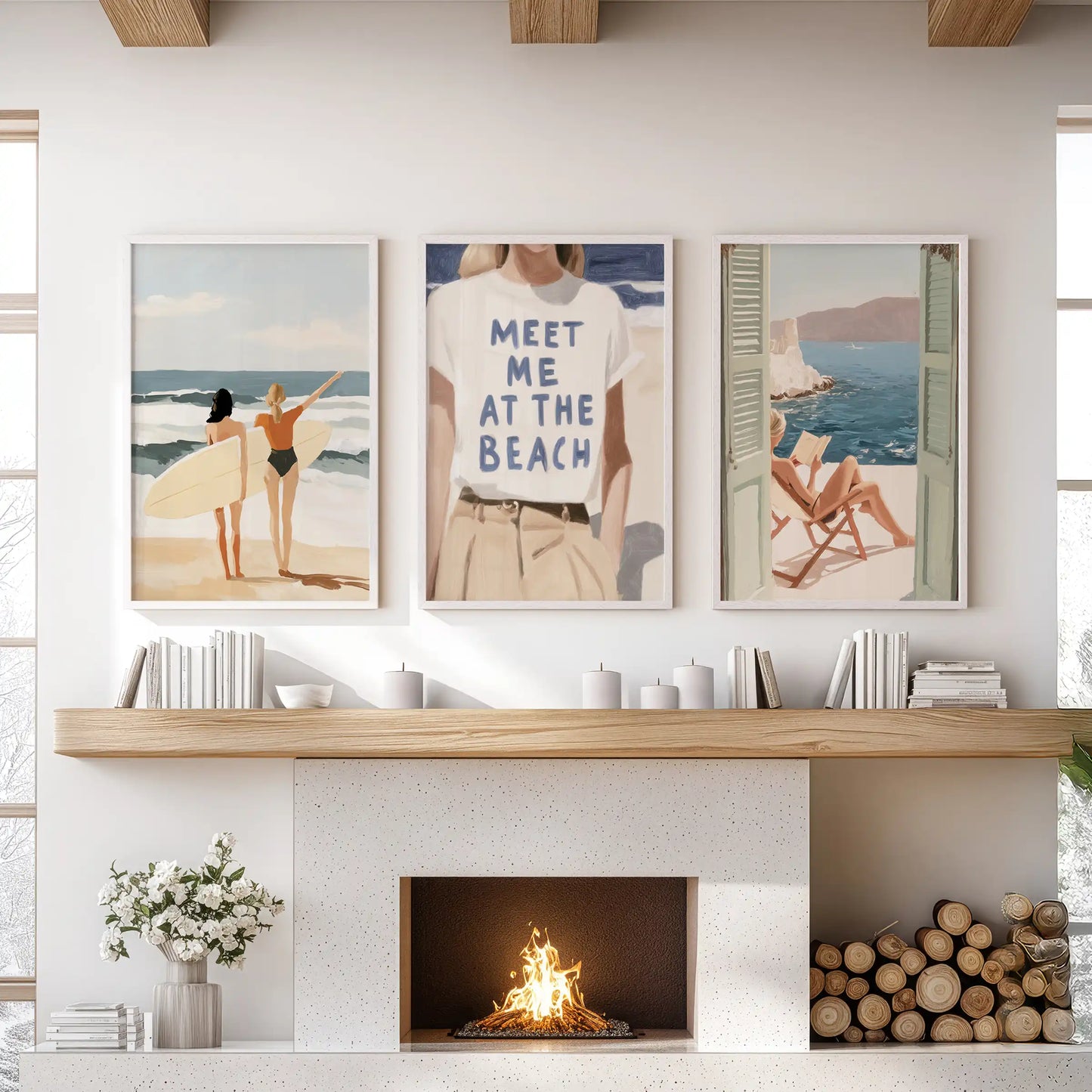Meet Me At The Beach typography, a living room set of 3 wall art prints, centered over the hearth in clean white frames for fresh, breezy coastal charm.