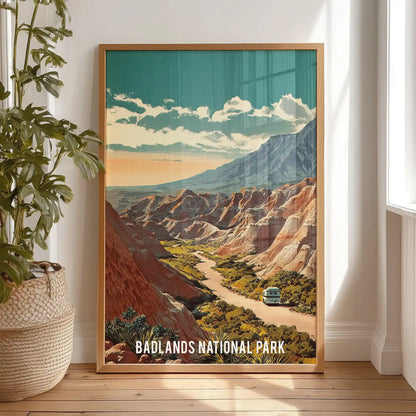 Beige and blue mountain ridges wall print warms the bedroom, set in a light wood frame and shown standing against the wall for a relaxed look.