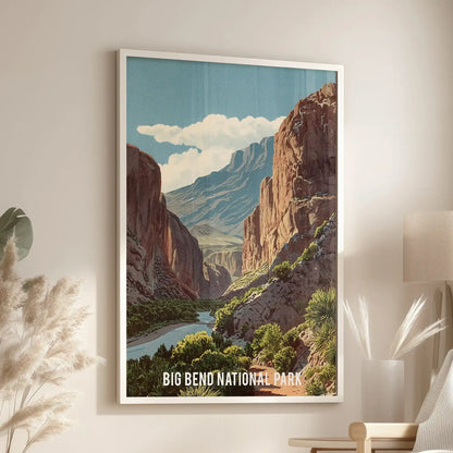 A white-framed retro park poster tops the window-side chair, creating a clean gallery-wall accent with an edited, modern tone.