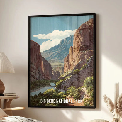 Black-framed wall art of Big Bend National Park hangs above a lounge chair, lending the sitting room a calm, minimal-modern touch.