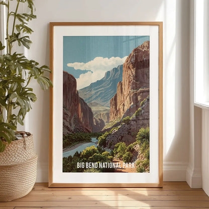 Black-framed Rio Grande canyon print with mat stands by the bedroom wall, its muted design adding understated, modern appeal.