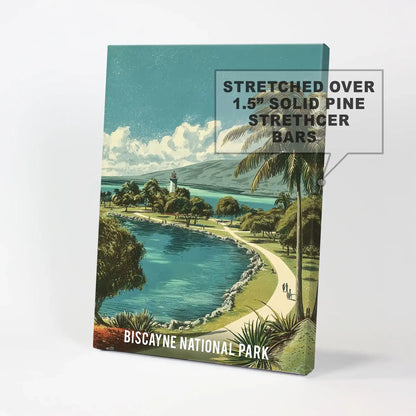 Stretched-canvas wall art of Biscayne Bay combines teal water with mangrove greens, bringing a refined vintage-travel mood to the room.