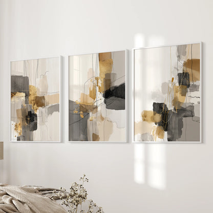 Watercolor wash abstractions, a 3-piece wall art triptych in slim white frames, flow near the bed wall and keep the bedroom feeling airy and modern.