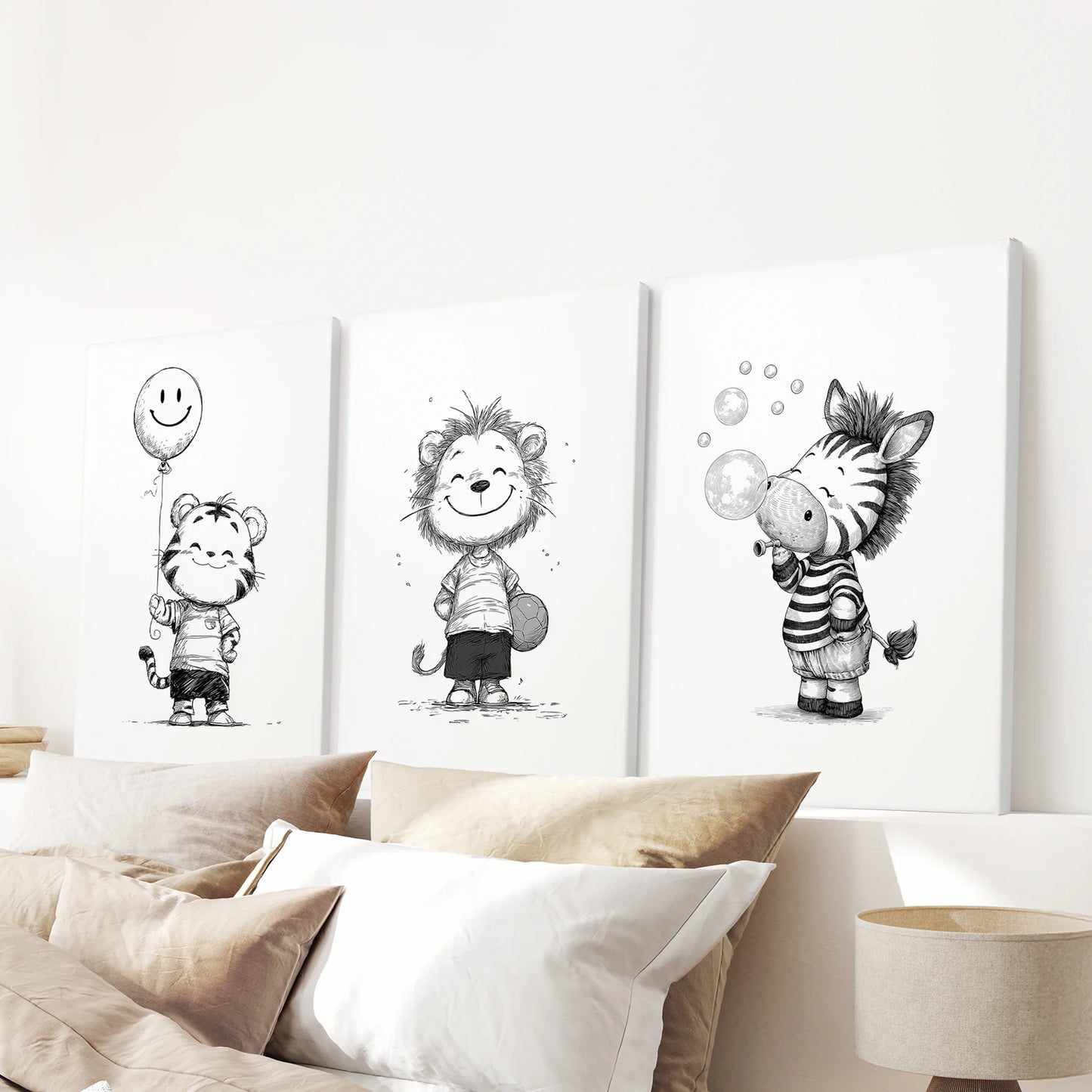 Safari animal trio, 3-piece canvas wall art set, centered above the bedroom headboard to lend black-and-white character without overwhelming the space.