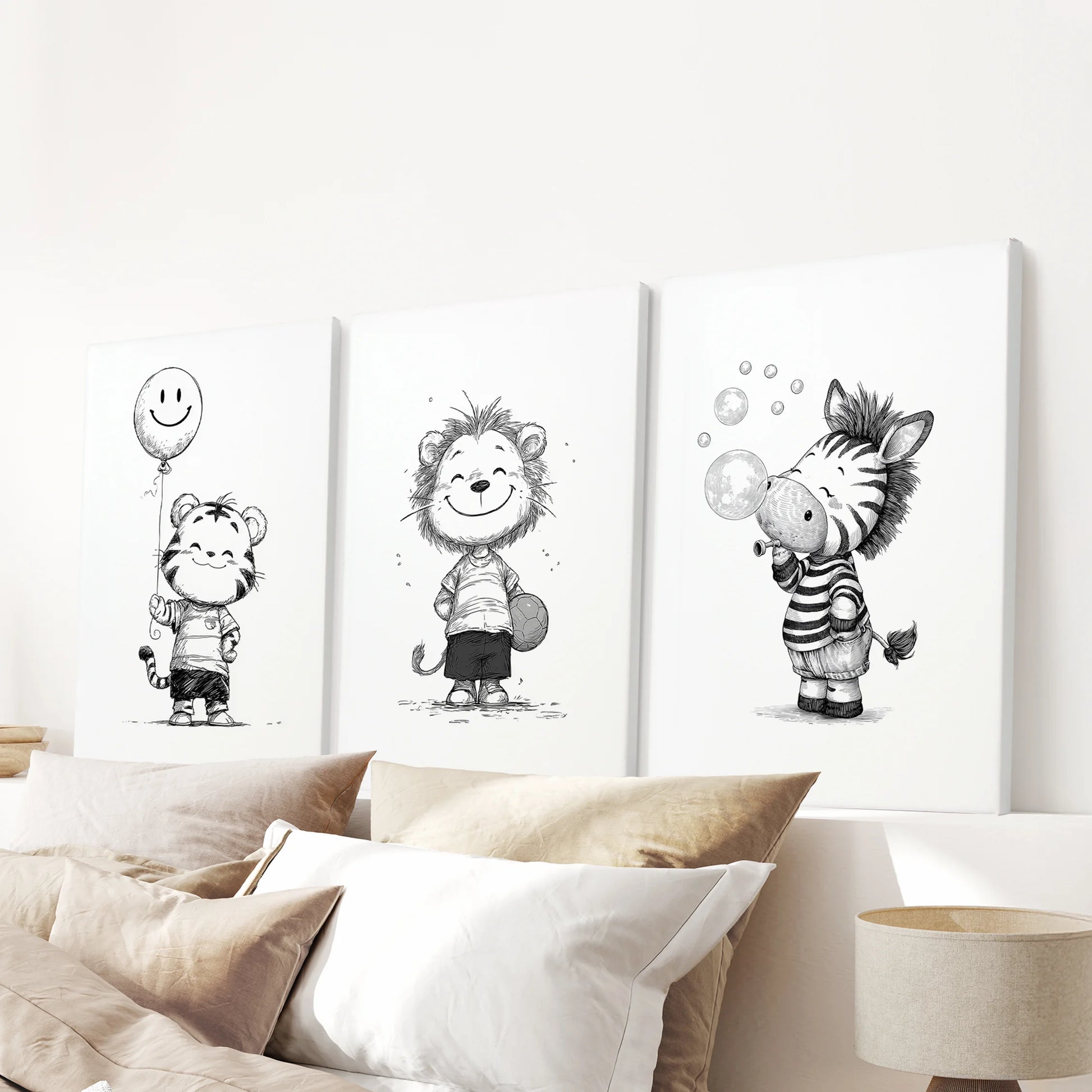 Safari animal trio, 3-piece canvas wall art set, centered above the bedroom headboard to lend black-and-white character without overwhelming the space.