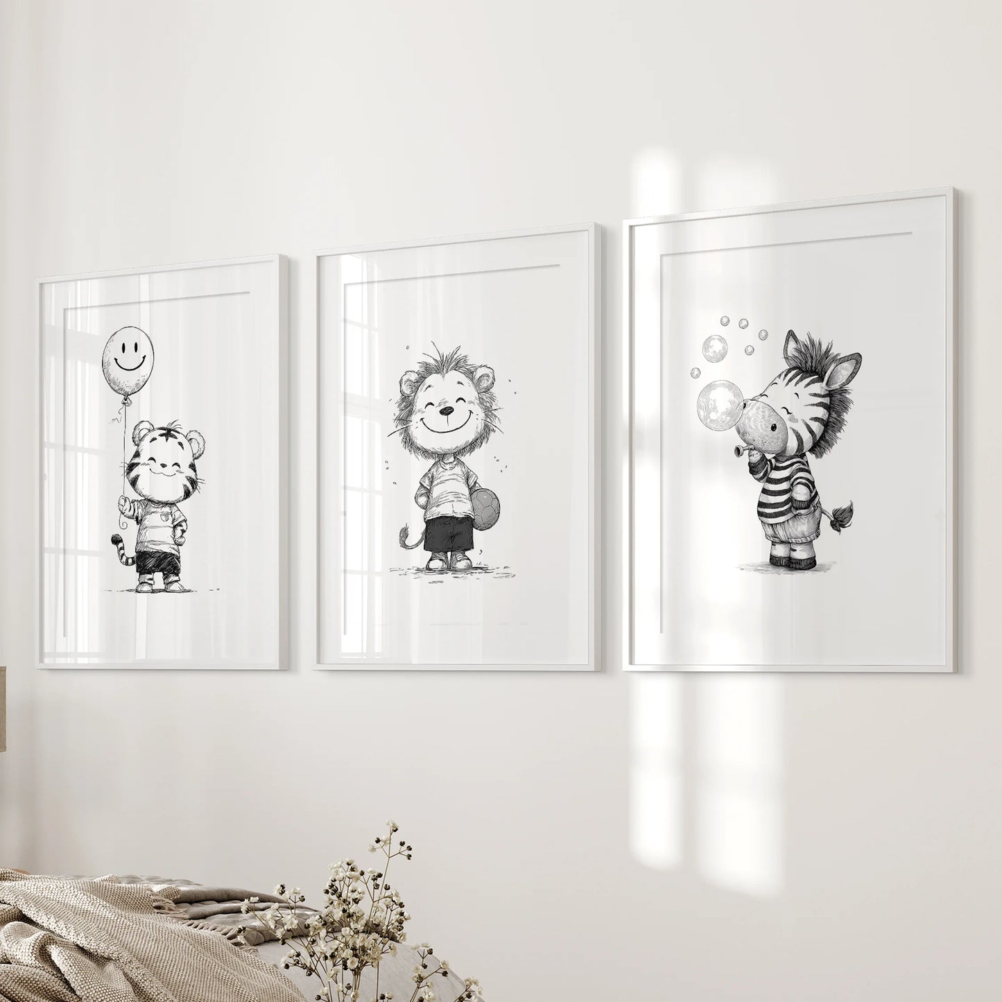 Safari animal trio, set of three wall art prints with white mats and frames, aligned along the wall beside the bed for a serene, modern touch.