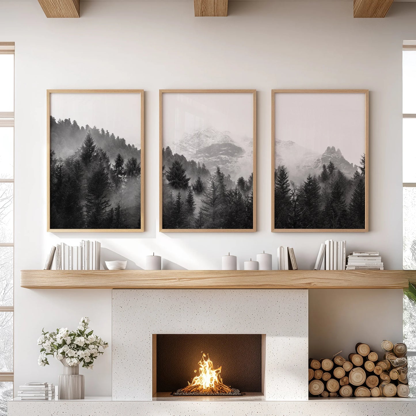A natural wood-framed trio of Nordic forest prints offers quiet drama for the family room wall above the hearth.
