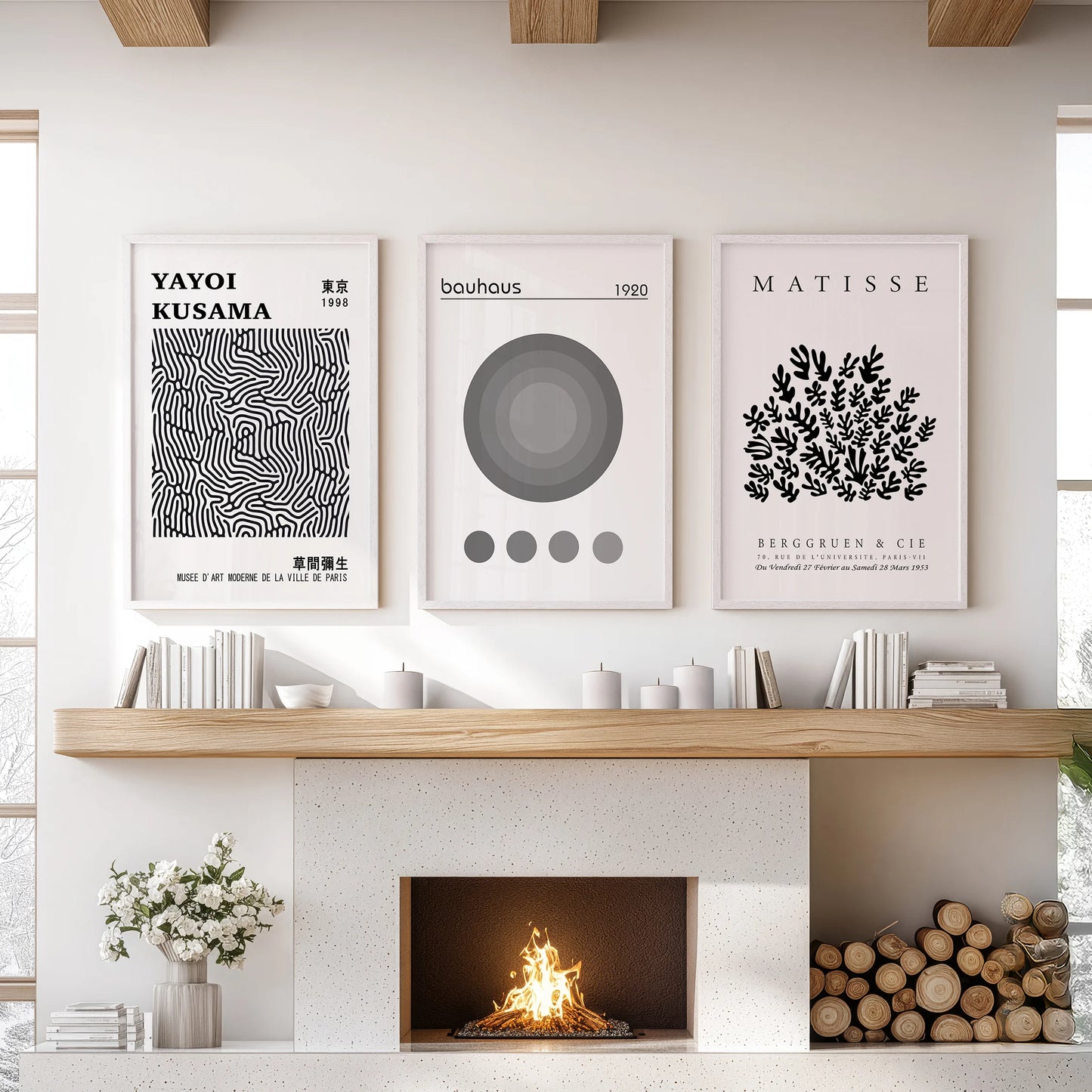 Minimal black-and-white abstracts, a trio of posters, suit the living room in bright white frames, positioned over the mantelpiece for clean impact.
