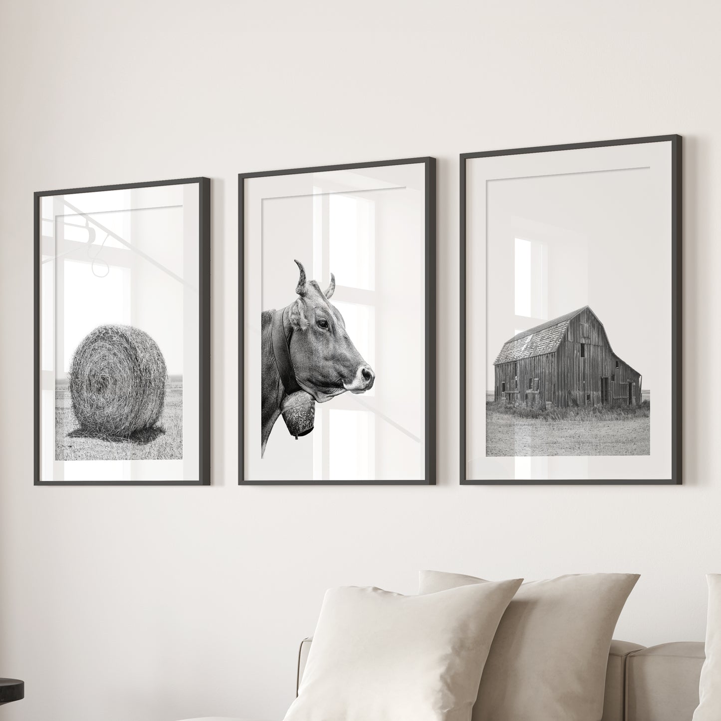Farmhouse Art Set of 3. Vintage Barn, Cow, Hay Bale Landscape