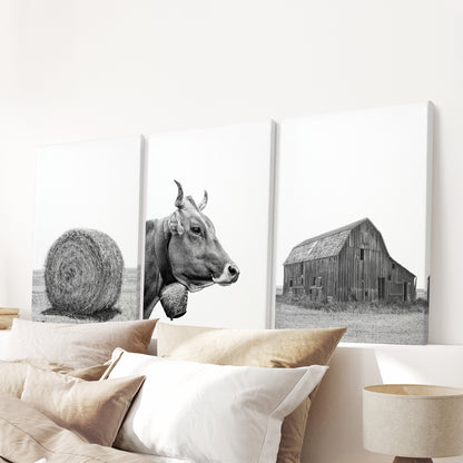 Farmhouse Art Set of 3. Vintage Barn, Cow, Hay Bale Landscape