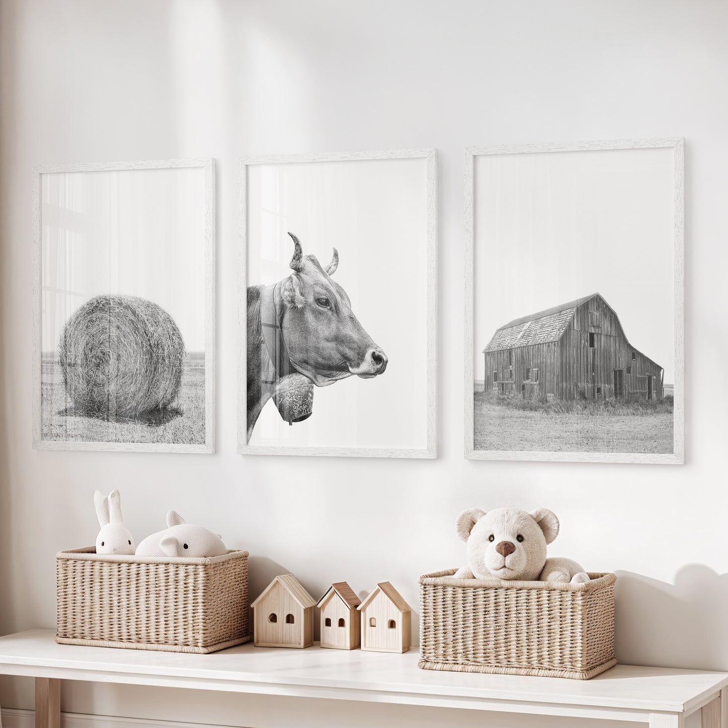 Farmhouse Art Set of 3. Vintage Barn, Cow, Hay Bale Landscape