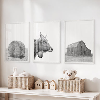 Farmhouse Art Set of 3. Vintage Barn, Cow, Hay Bale Landscape
