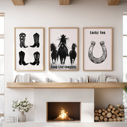 Thin wood-framed black-and-white Western art of cowgirl boots lines the mantelpiece, giving the living room a lean vintage rhythm.